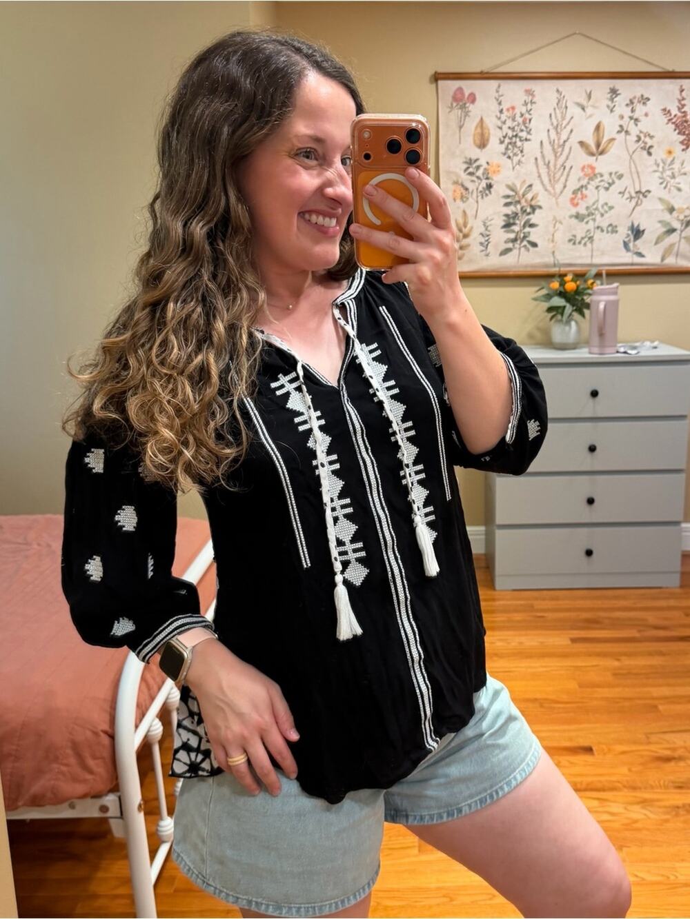 Anthropologie John Mark Black Embroidered Tassel Peasant Top Small
